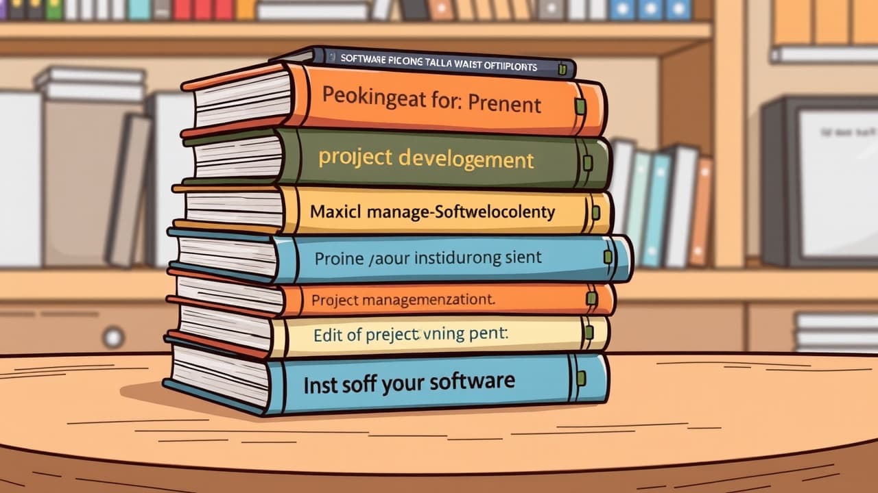 "A stack of books about software development and project management on a table